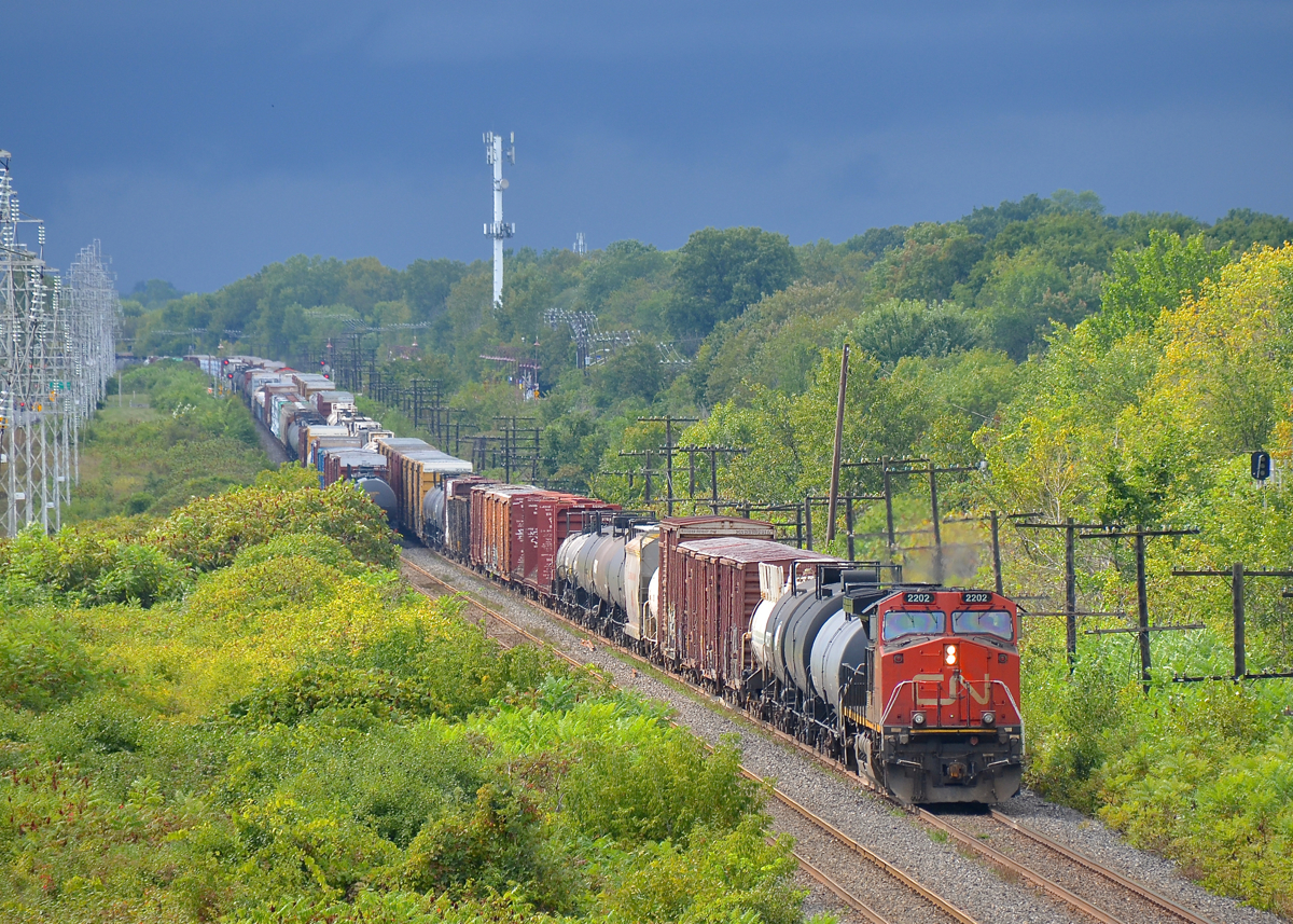 Storm clouds are approaching and it will pour in an hour, but in the meantime I had a few minutes of sunshine (just about the only all weekend) as CN 368 at right passes CN 377. CN 368 has CN 2202 at the head end and CN 3000 mid-train.