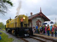 <b>Running again, and flying white flags.</b> RS 20 is an MLW RS-2 and the first roadswitcher built in Canada. It had not run for many decades, but after much volunteer work this summer, it was running and participating in the diesel weekend parade past Barrington station.