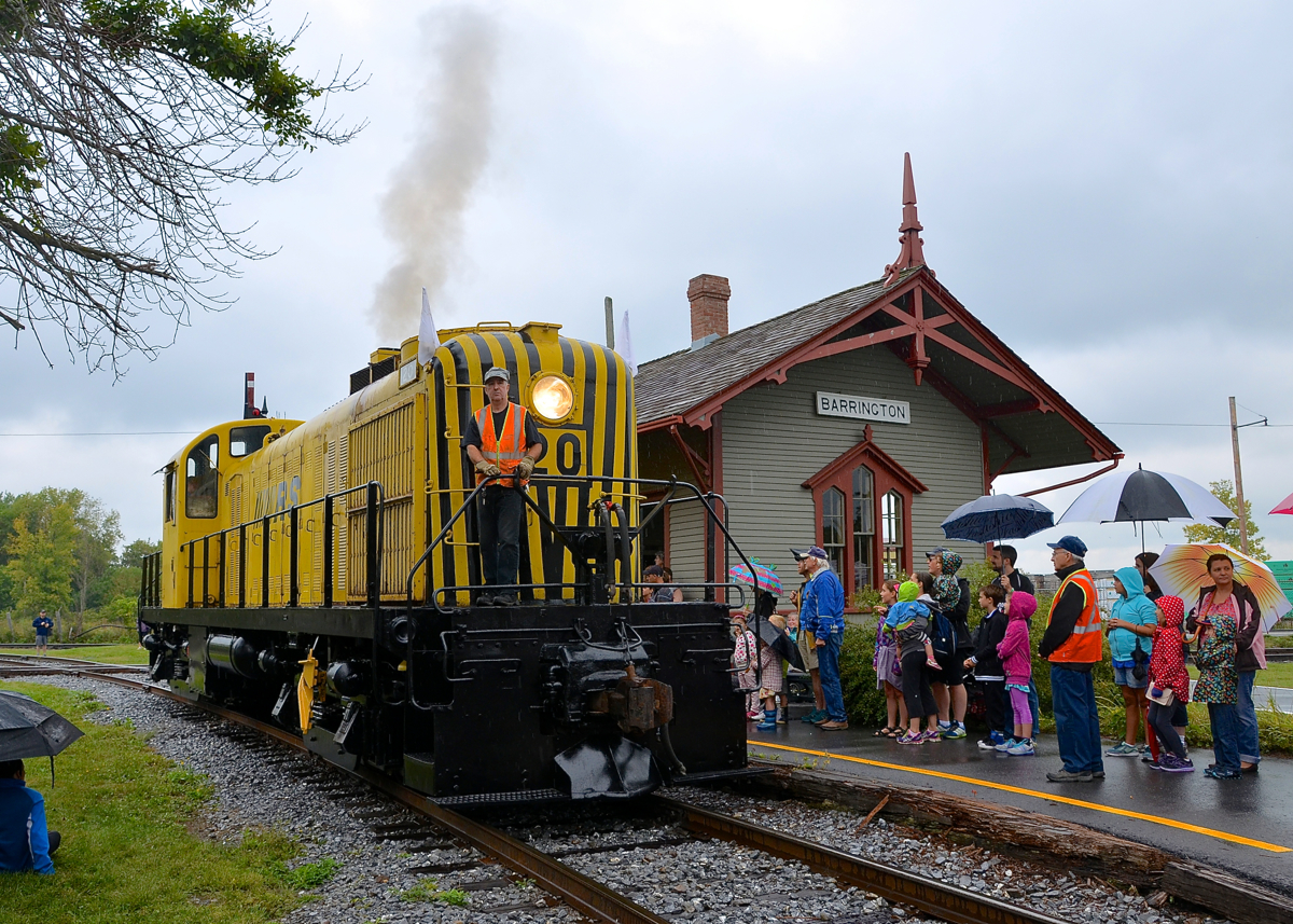 Running again, and flying white flags. RS 20 is an MLW RS-2 and the first roadswitcher built in Canada. It had not run for many decades, but after much volunteer work this summer, it was running and participating in the diesel weekend parade past Barrington station.