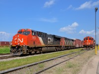 <b>Revenue and non-revenue trains at Joffre.</b> Three trains are seen at Joffre during the CN family day. In the middle is CN 309 (making its double) and at far left is CN 120 stopped for a crew change, both revenue trains. At right is a decidedly non-revenue train, with CN 7054 & CN 4139 taking part in beltpack demonstrations.