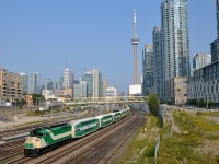 <b>1/4 of GO Transit's F59PH fleet.</b> With only 8 F59PH's on a roster dominated by MP40PH-3C, the once dominant F59PH is now somewhat hard to find in Toronto. Here 1/4 of the F59PH fleet is on an eastbound heading towards Union Station. Leading is GOT 558 and pushing is GOT 564.