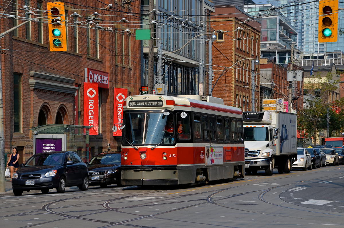 Approaching King and Bathurst. A 504 car approaches the intersection of King and Bathurst on a busy afternoon.