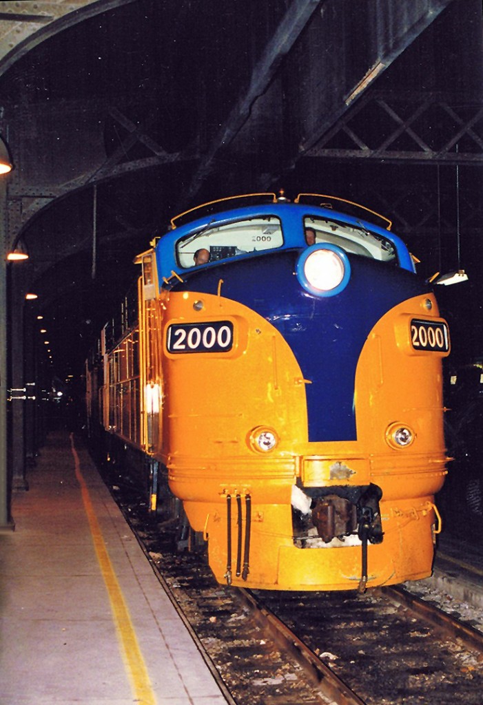 Ontario Northland FP7A #2000 on the point of the "Northlander" after arrival at Toronto, ON. For more pics & videos from my collection see my website at  http://northamericabyrail.info  , Cheers, Pete
