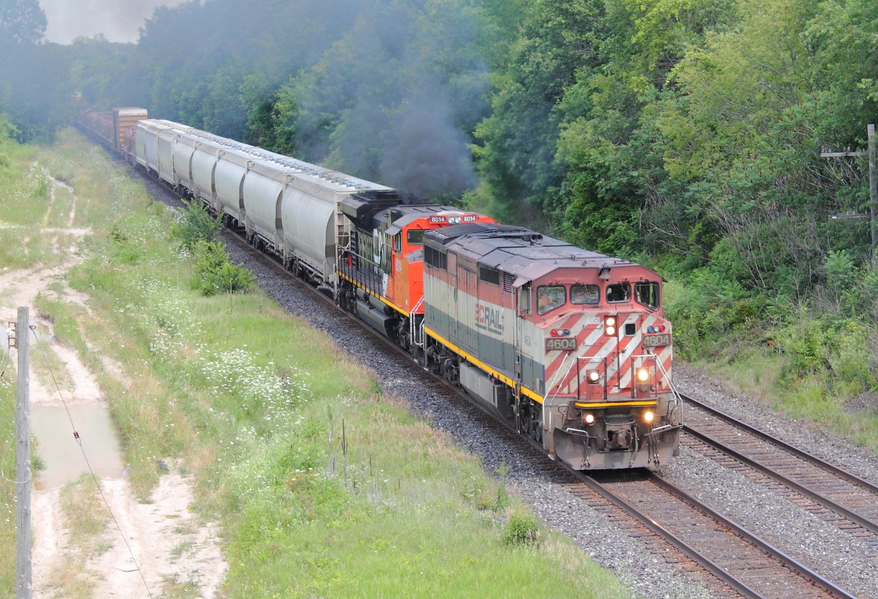 CN 331 putting on a smoke show departing Paris West with BC Rail 4604 and CN 8016. Thought the BC unit was putting on the show, not so.