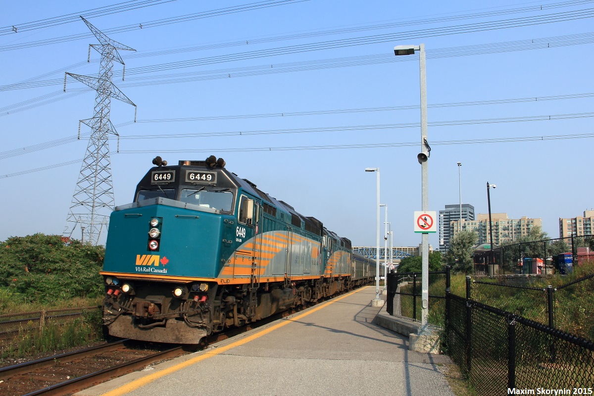 Transcontinental passenger train VIA #2, also known as 'The Canadian' is depicted here flying by the Langstaff GO Station Rail in Langstaff, Ontario heading for downtown Toronto from Vancouver. Today's VIA #2 arrived, impressively, only an hour and 5 minutes late into Toronto.