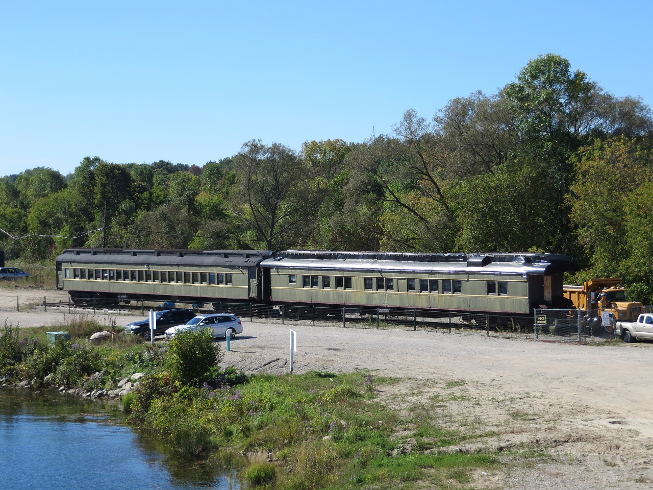 In need of some tlc, former CP coach 1431 and sleeper "Hungerford" await redevelopment at Port McNicoll. The cars were formerly part of the Ossawippi Express restaurant in Orillia. Photo taken from the Deck of the former CPR ship SS Keewatin.