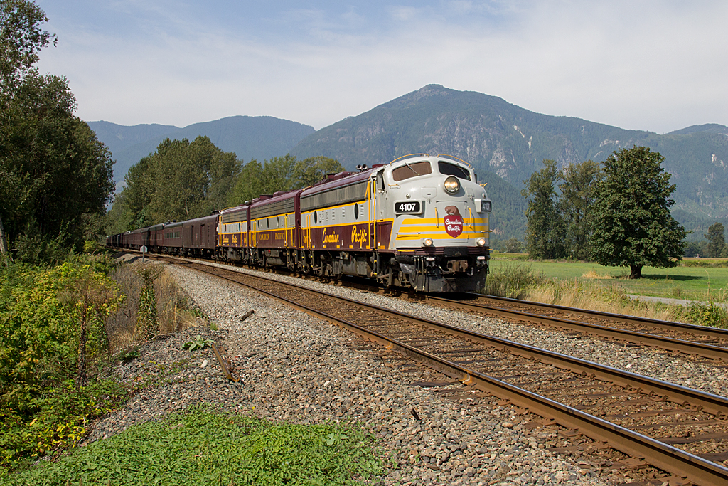 A week later the Royal Canadian Pacific is photographed heading east out of town. Its a nice sunny day in the Fraser Valley and a good excuse for a chase of this nice looking train in the Canyons.