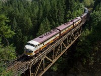 Into the Fraser Canyon, headed east, the Royal Canadian Pacific is seen crossing Spuzzum Creek Bridge. Much vegetation has overgrown in the Fraser Canyon, making once possible spots for shooting more difficult today. 