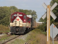 Another view of OSRX 378 and 383 backing up racks into Cami on the afternoon of September 27, 2015. Note the little railcar to the left of the photo. Not sure what's up with this? Time - 13:43.