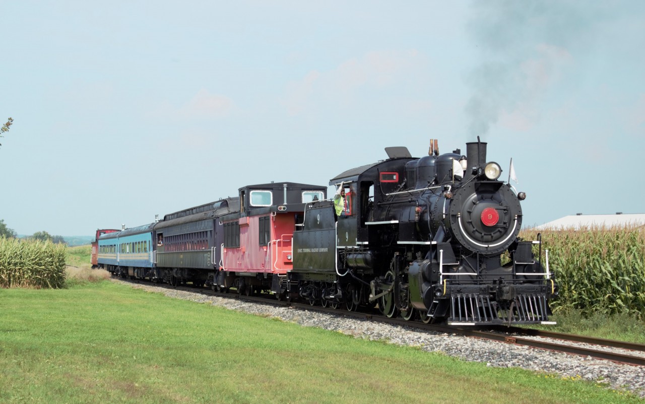 Essex Terminal Railway Companies steam locomotive approaches St Jacobs after its run to Elmira. Built by Montreal Locomotive works in February of1923, the Waterloo County Railway runs excursions every holiday Monday throughout the summer.