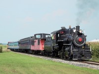 Essex Terminal Railway Companies steam locomotive approaches St Jacobs after its run to Elmira. Built by Montreal Locomotive works in February of1923, the Waterloo County Railway runs excursions every holiday Monday throughout the summer. 