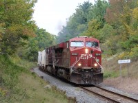 CP 8844 leads CP 8613 as they power up and leave Guelph Junction to head down the Hamilton sub on route to Kinnear Yard. It would appear that fall is in the air as the leaves are changing but the temperature was a warm 28C but rain and cooler temperatures were approaching.