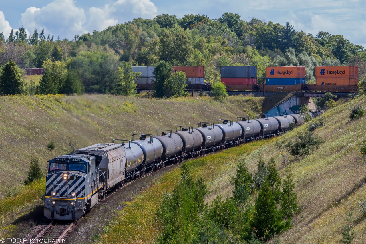 a Westbound freight from Moncton New Brunswick, (M305) makes its way through Beare up the grade on the York Sub, whilst an Eastbound CP, (CP142) is passing above. CN305 has a wonderful blue BCrail leading, with CN 2694 as mid DPU. 


First time experiencing a meet like this, and having a BCOL on point made it that much more special.