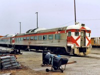 Canadian Pacific Dayliner #90 & sister, along with two extended vision cabooses, sits at CP's Agincourt Yard, Toronto, ON. No longer in revenue service, by this time these units were used to transport maintenance-of-way employees. For more pics & video from my collection see my website at <a href="http://northamericabyrail.info"> http://northamericabyrail.info </a> , Cheers, Pete