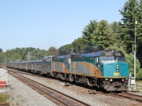 VIA #2 makes a late appearance at 12:06pm on Sept 15, 2015.  Scheduled through Parry Sound just after 4:00am, the Canadian is running about 8 hours late through Boyne at the lower end of the Directional Running Zone.  (DRZ)