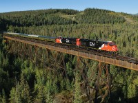 Brand new CN ET44ACs 3012 and 3013 speed across the Prairie Creek with a Board of Directors special. The train ran from North Vancouver to Edmonton via Prince George.