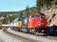 CN SD40-2 5266 and VIA F40PH-2 6433 lead the "American Orient Express" into Jasper. The consist for the Vancouver to Montreal train was as follows:

CN 5266 (SD40-2W)
VIA 6433 (F40PH-2)
AOEX 800715 (Laundry Car “Los Angeles”)
AOEX 800755 (Crew Sleeper “Yellowstone Park”)
AOEX 800028 (Crew Sleeper “Tallahassee”)
AOEX 800246 (Crew Sleeper/Diner “Monterey”)
AOEX 800753 (Sleeper “Bar Harbor”)
AOEX 800109 (Sleeper “Vienna”)
AOEX 800768 (Sleeper “Santa Fe”)
AOEX 800754 (Sleeper “Charleston”)
AOEX 800310 (Parlor/Lounge “Seattle”)
AOEX 800308 (Diner/Gallery “Chicago”)
AOEX 800301 (Diner/Gallery “Zurich”)
AOEX 800743 (Dome/Lounge “Copper Canyon”)
AOEX 800258 (Sleeper “Washington”)
AOEX 800298 (Sleeper “Paris”)
AOEX 800740 (Sleeper “Denver”)
AOEX 800757 (Sleeper “Montreal”)
AOEX 800741 (Sleeper “Savannah”)
AOEX 800321 (Observation/Lounge “New York”)
