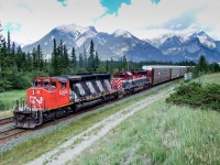 CN SD40-2W 5305 and BCOL SD40-2 767 lead Toronto-Vancouver train E201 onto the south track at Henry House. I sure do miss consists like this.