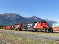 CN SD40-2 5374 and SD40-2W 5255 (both units now retired from CN's roster) pull into the south yard at Jasper with a loaded ballast train from Giscome, BC.