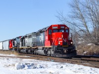 CN SD40-2 5386, GTW SD40-3 5938 and DMIR SD40T-3 408 coast through Port Hope with train M362.