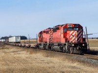 CP SD40-2s 6040 and 6039 hustle one of the 2 daily eastbound eXpressway trains through the farmlands east of Bowmanville on the Belleville Sub.