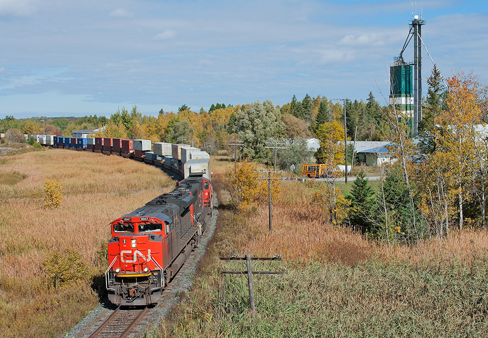 Southbound in perfect light, CN 112 glides through Mount Albert in the array of fall foliage.
