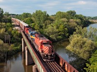 Three old work horses lead Toronto to Gibson IHB Train 147 through Woodstock, Ontario. The second unit in this CP SD40-2 sandwich is ICE6216, fitting right at home being former CP5774 in this all London built GMD consist. 