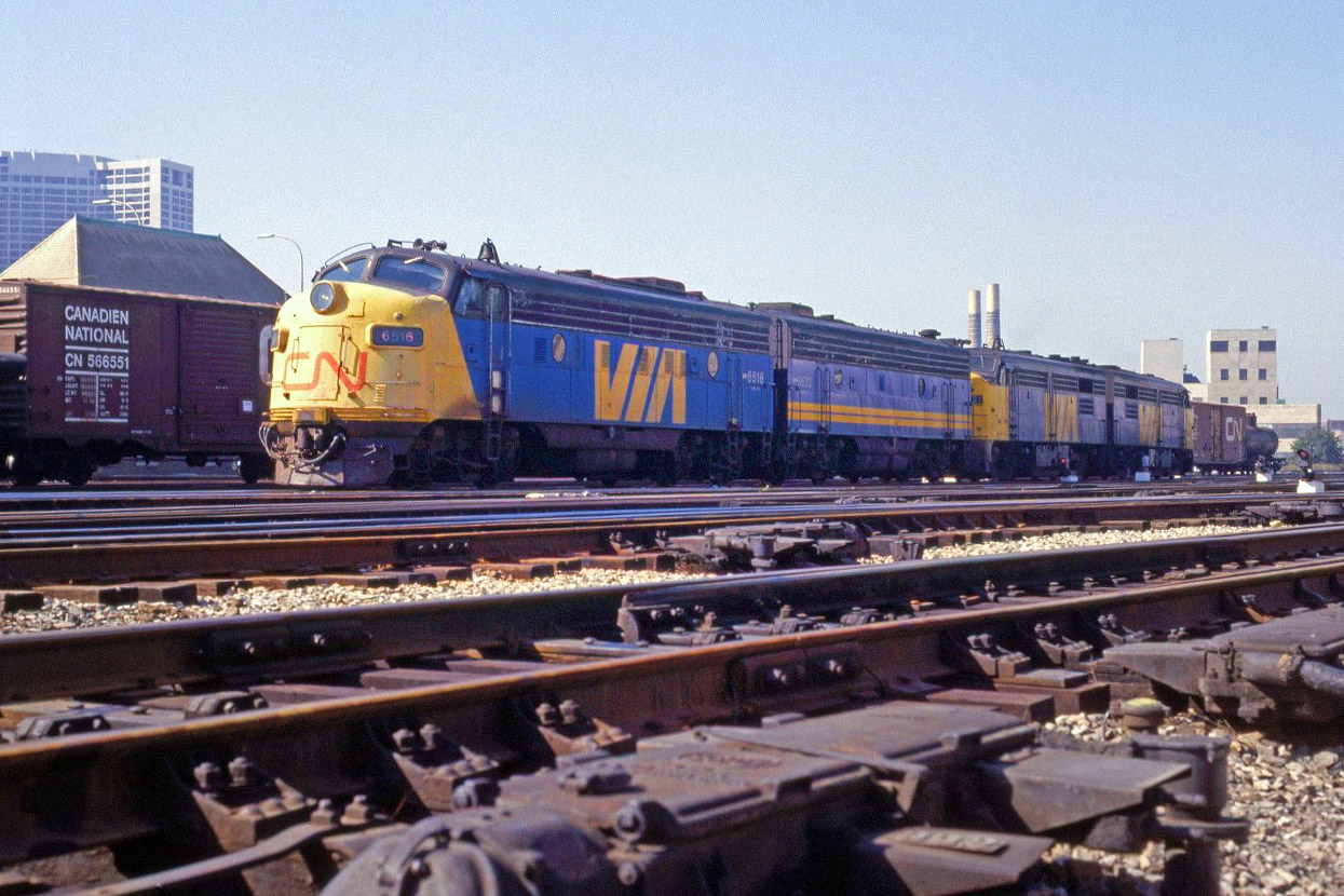 A mixed power set of EMD and MLW units is moving around the east end of the station.
By brother and I took the train in from Kitchener-Waterloo to attend the Canadian National Exhibition Air Show. My photos from that event were less than stellar. I should have spent more time trackside.