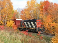 CN 4132 peeks through the fall foliage along Aspdin Road, just west (timetable south) of Huntsville on a brisk October morning.
