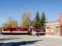 Ontario Southland  GP9 1620 and FP9u 6508  switch the siding in Beachville as they prepare their train for Ingersoll and Putnam. It appeared to me that the regulars at the post office and Andy's Garage have become quite used to this daily occurrence.