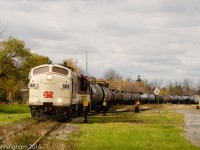 OSR 6508 and 1620 are seen leaving the small CN yard in St. Thomas ON on their return trip to Ingersoll after setting off their train and picking up the return traffic.