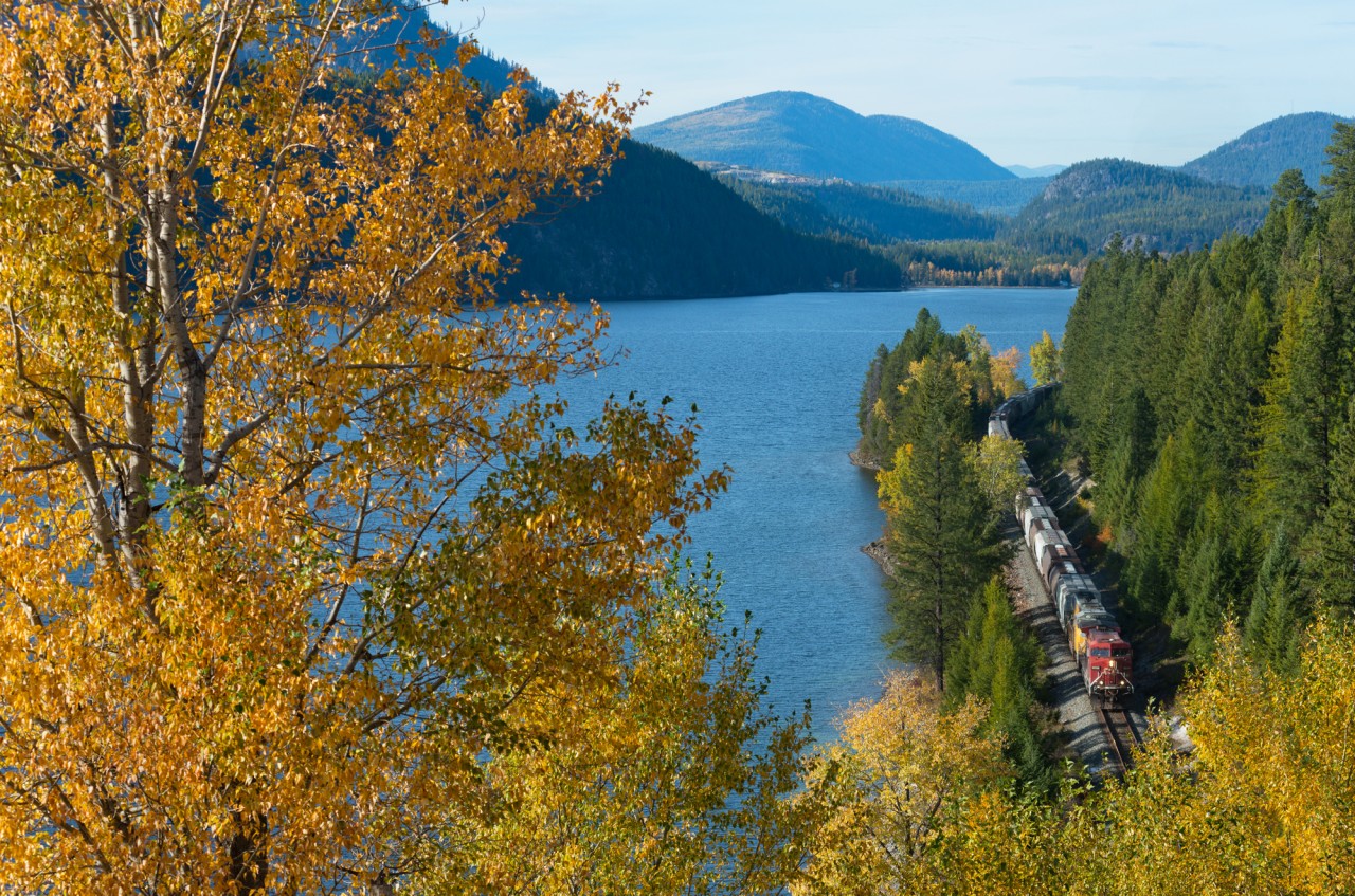 CP 9599 South is only 30 or so miles from the US border as it passes Moyie Lake. I originally had a completely different composition planned for this shot, but at the last second my gut instinct kicked in and I have to say I like the results. The power on this guy was CP 9599 and UP 4512.