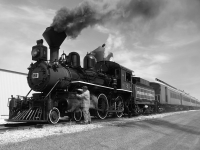 The Prairie Dog Centrals 4-4-0 from 1882 idles at Inkster Junction on the former CNR Oak Point Subdivison as passengers get ready to be taken to Grosse Isle.