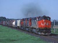 This train snuck up on me as I was sitting the Chinese restaurant parking lot at Bayview. With three MLWs on the point (OK, the leader is a Bombardier) a chase was definitely in order. I set up west of Lynden and waited for him to appear. 