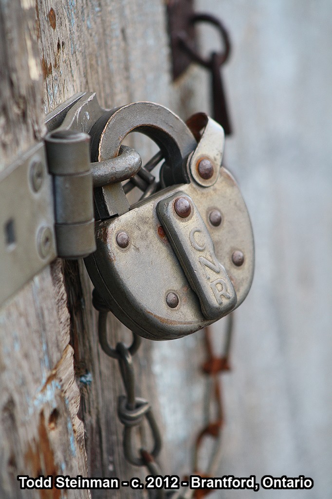 Sometimes in between trains, you havw to occupy yourself otherwise. Here is an older style CNR lock, on one of the maintenance buildings that used to stand beside the station in Brantford. Had I known it was going to be torn down, I would have tried to have gotten the lock.