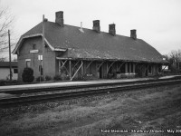 The impressive brick station at Strathroy. Still painted in CN colors from mid-70's to early 80's, and unused by the railway since then. Sadly, this station (originally built by the Great Western Railway) was vandalized and as a result, burnt to the ground in 2004.