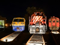 <b>Ready for their closeup.</b> LRC-3 VIA 6921, GP9 CP 1608 and MU car CN 6734 are lined up around the turntable at Exporail  as part of the 'Illuminated Trains' night shoot. Visible at left is RS-2 RS 20.