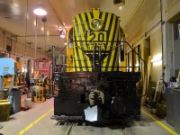 <b>An RS-2 in the shop at night.</b> Recently brought back to life Roberval & Saguenay RS-2 is seen in Exporail's shop during 'Illuminated Trains' night shoot.