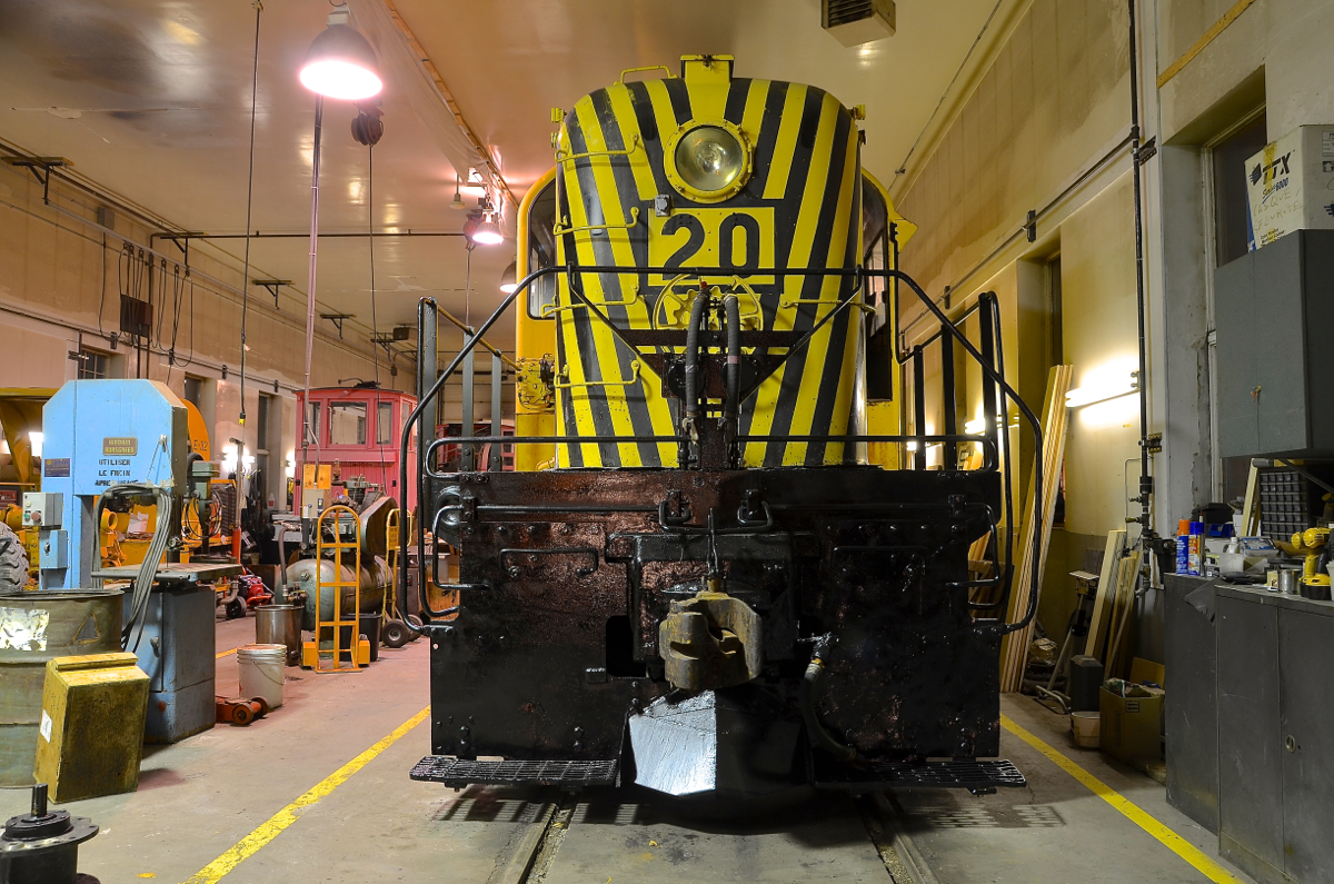 An RS-2 in the shop at night. Recently brought back to life Roberval & Saguenay RS-2 is seen in Exporail's shop during 'Illuminated Trains' night shoot.