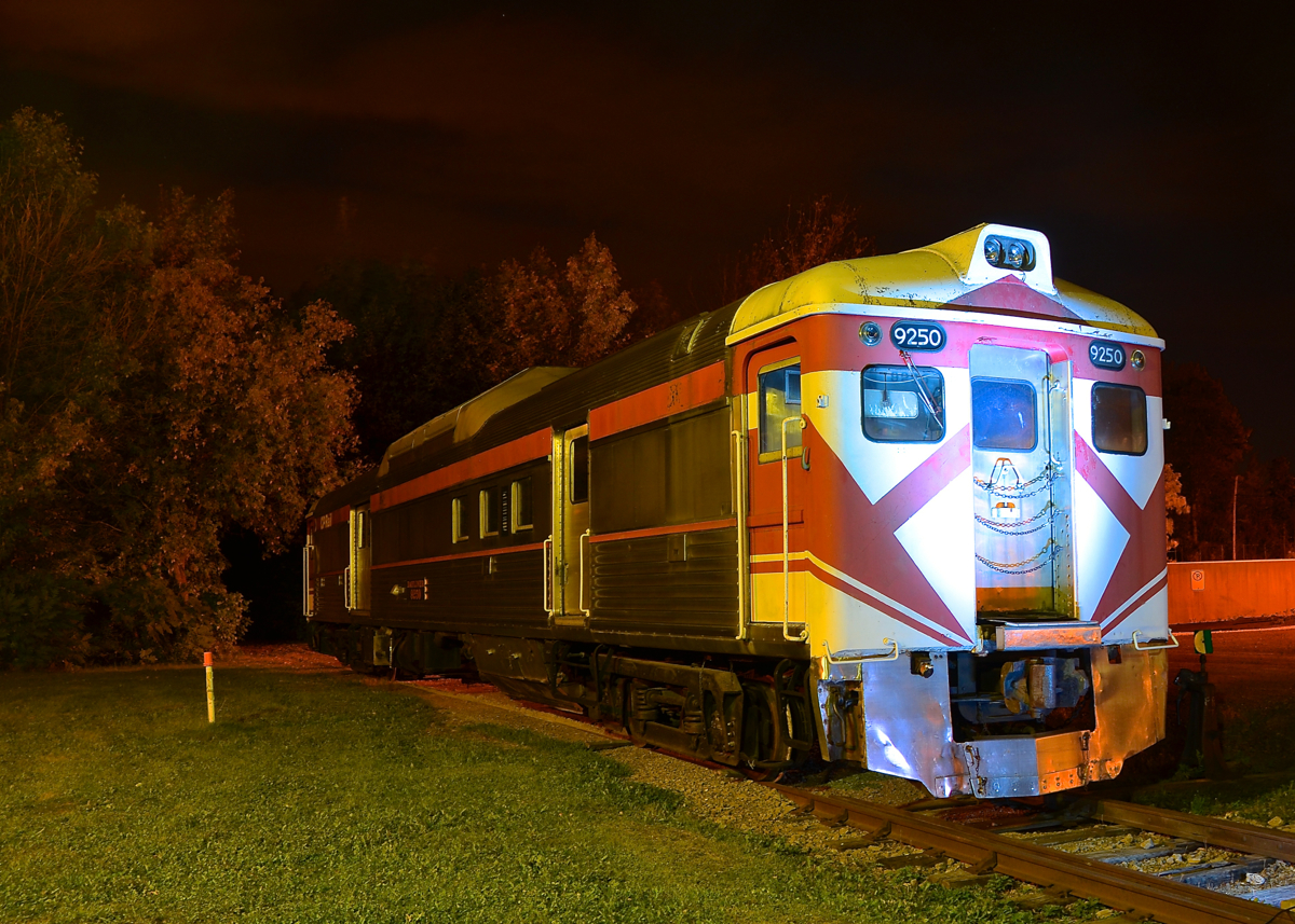 A preserved RDC-4 at night. A shot of RDC-4 CP 9250 during the 'Illuminated Trains' night shoot at Exporail.