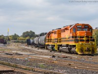 RLHH 3403 and RLHH 3404 pull a cut of tank cars out of the yard at Brantford during a rare daylight run.  They would complete several switching moves before departing with a whopping 3 cars to take back to Nanticoke.