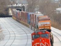 <b>Marker light lit.</b> On January 7th, 2014, CN 2684 was the DPU on CN 308 when it derailed in Plaster Rock, NB. A couple of weeks later it was brought to CAD in Lachine for repair. Here it is back in service with a fresh coat of paint. It is the rear DPU on CN 120 and so the marker light is lit. Head end power is CN 2228. 