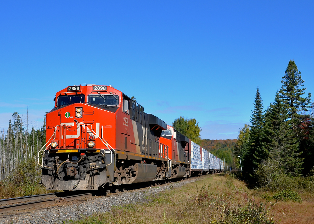 AC power on the Lac St-Jean sub. Even though CN has owned AC power units for a few years, they have been rare on the arduous CN Lac St-Jean sub until recently (where their lugging ability could be put to good use). That has changed recently and here CN 369 is passing MP 47 with 4 AC units: CN 2898 & CN 2949, along with CN 2854 & CN 3000 mid-train).