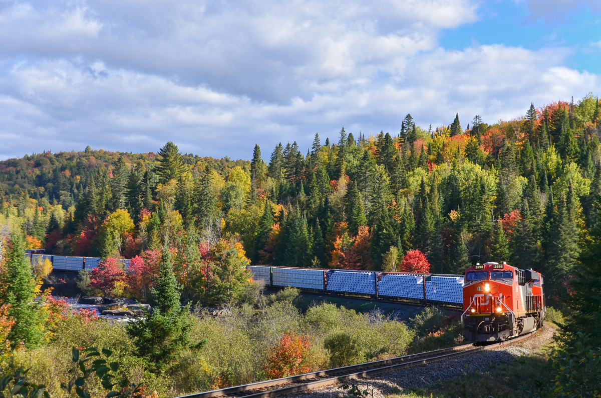 Approaching peak fall colours. CN 2898 & CN 2949 (along with CN 2854 & CN 3000 mid-train) lead CN 369 through the Club Arlau curve with fall colours just about at their peak this far north. The train is heavily laden with natural resources from Northern Quebec, including lumber at the head end.
