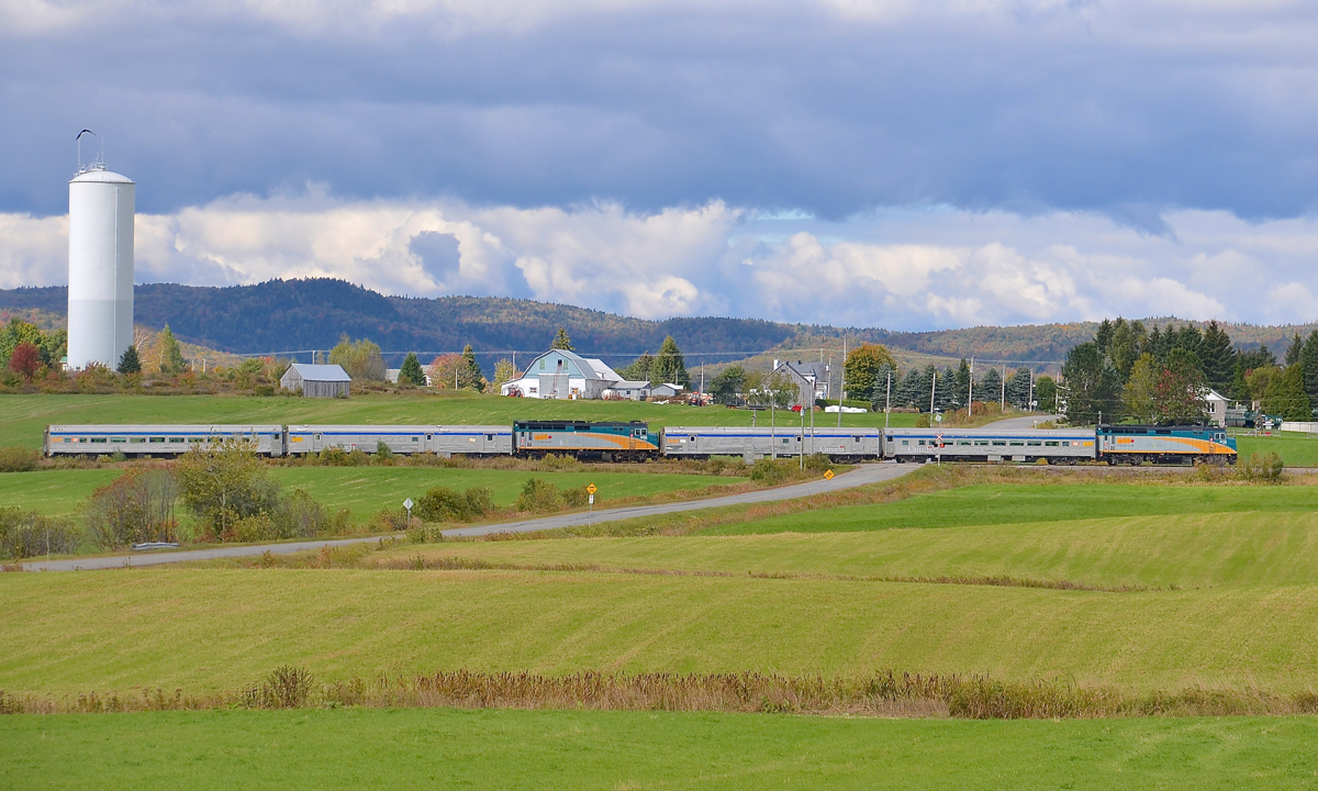 Double your VIA. VIA 601 and VIA 603 are combined as they approach a meet with CN 369 at Sainte-Thècle. A few minutes later the train will split at Hervey Jct, with 603 going to Senneterre and 601 to Jonquière.