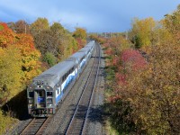 <b>AMT amidst some fall colours.</b> AMT 53 is through Beaconsfield led by cab car AMT 3014 and pushed by F59PHI AMT 1325.
