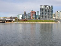 <b>Out of the ordinary cars at each end of the Adirondack.</b> The southbound Adirondack has just left Montreal's Central station, with something more than just the usual all-Amfleet consist as it passes the Peel basin. Great dome car <i>Ocean View</i> is at the head end (it runs southbound out of Montreal 3 times a week during the fall) and even more exceptionally at the rear are two private cars: <i>Ohio River</i> and <i>Babbling Brook</i>.