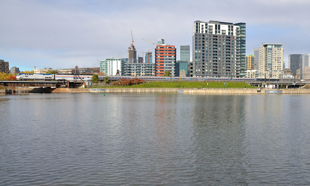 Out of the ordinary cars at each end of the Adirondack. The southbound Adirondack has just left Montreal's Central station, with something more than just the usual all-Amfleet consist as it passes the Peel basin. Great dome car Ocean View is at the head end (it runs southbound out of Montreal 3 times a week during the fall) and even more exceptionally at the rear are two private cars: Ohio River and Babbling Brook.