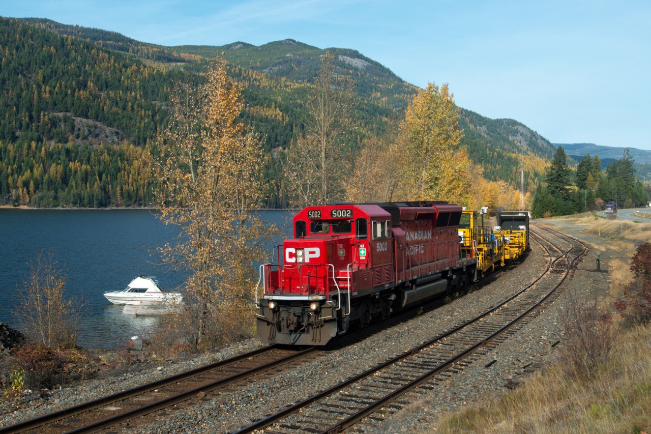 CP 5002 leads a CWR train past Moyie Lake on a nice fall day.
