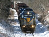 "Do not couple to coupler" well that worked out well...D&H 7304 was sent back to Canada for some repair work - you can see the note just below the coupler, and **unfortunately** had to lead.   Here it is with CEFX/CP units trailing working uphill at MP 64 Thomson drive in Waterdown.  